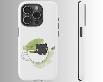 Matcha Phone Case, Cute Kitten Matcha Tea Cover for iPhone 17, 16, 15, 14, 13, 12, 11, XS, XR, X, Samsung S25, S24 Tough Phone Case