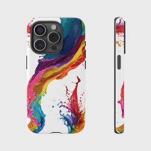 May include: White phone case featuring a vibrant, abstract design of multicolored paint splashes. The design includes shades of red, orange, yellow, green, blue, and purple, creating a dynamic and artistic look. The case is shown from the front and side.