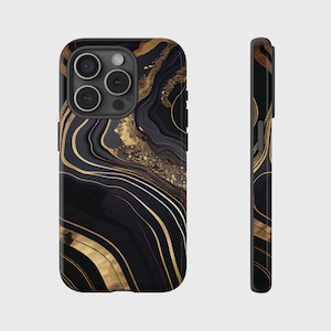 May include: Black and gold phone case with a marble design. The case features a swirling pattern of black, gold, and white lines, with a glossy finish. The phone case is shown from the front and side.