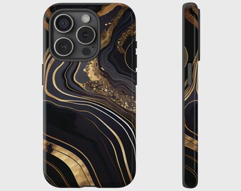 Black Gold Stone Marble Effect Cover for iPhone 17, 16, 15, 14, 13, 12, 11, XS, Pixel, Samsung Galaxy Tough Case