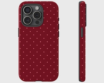 Burgundy Polka Dot Case, Cute Aesthetic Cover for iPhone 17, 16, 15, 14, 13, 12, 11, XS, Pixel, Samsung Galaxy Tough Trendy Case