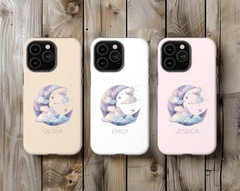Personalised Phone Case, Custom Name Initials Moon and Stars Case for iPhone 17, 16, 15, 14, 13, 12, 11, XS, XS Max, XR, X Tough Case