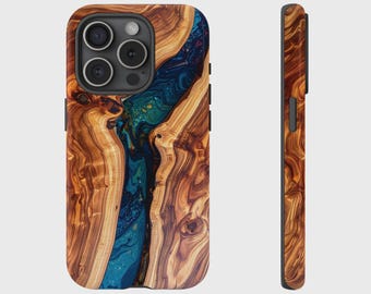 Teal Blue Resin Marble Dark Wood Effect Cover for iPhone 17, 16, 15, 14, 13, 12, 11, XS, Pixel, Samsung Galaxy Tough Case