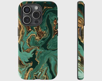 Green Gold Liquid Marble Effect Cover for iPhone 17, 16, 15, 14, 13, 12, 11, XS, Pixel, Samsung Galaxy Tough Case