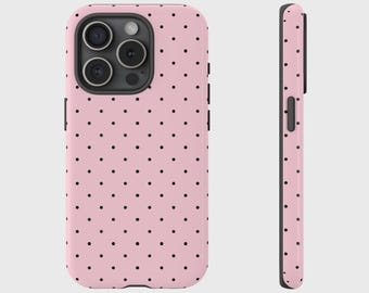 Pink and Black Polka Dot Case, Cute Aesthetic Cover for iPhone 17, 16, 15, 14, 13, 12, 11, XS, Pixel, Samsung Galaxy Tough Case