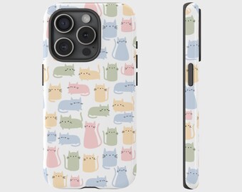 Cartoon Cat Phone Case, Kitten Pattern Cover for iPhone 17, 16, 15, 14, 13, 12, 11, XS, Pixel, Samsung Galaxy Tough Case