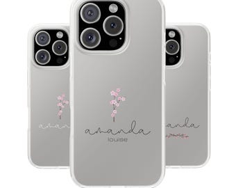Gepersonaliseerde telefoonhoes, aangepaste naam bloem semi-transparant hoesje voor iPhone 17, 16, 15, 14, 13, 12, 11, XS, XR, X Samsung Galaxy-hoesje
