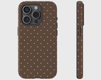 Pink and Brown Polka Dot Case, Cute Aesthetic Cover for iPhone 17, 16, 15, 14, 13, 12, 11, XS, Pixel, Samsung Galaxy Tough Case