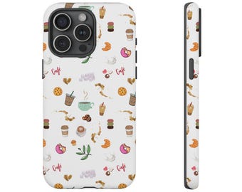 Coffee Lover Phone Case, Cute Cafe Pattern Case for iPhone 17, 16, 15, 14, 13, 12, 11, XS, XR, Samsung S25, S24, S23 Tough Phone Case