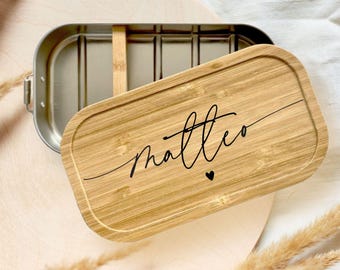Personalisierte Brotdose schlicht Name, Edelstahl Lunchbox Bambusdeckel, Kinder Brotbox Schule Kindergarten, Einschulung Geschenk, Snackbox