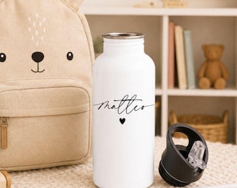 Personalisierte Kinder Trinkflasche mit Trinkhalm schlicht Herz Namen Mädchen Junge Erwachsene Geschenk Einschulung Geburtstag Edelstahl