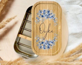 Personalisierte Brotdose Blumen Flowers, Edelstahl Lunchbox Bambusdeckel, Kinder Brotbox Schule Kindergarten, Einschulung Geschenk Snackbox
