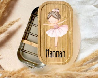 Personalisierte Brotdose Ballerina girl, Edelstahl Lunchbox Bambusdeckel, Kinder Brotbox Schule Kindergarten, Einschulung Geschenk Snackbox