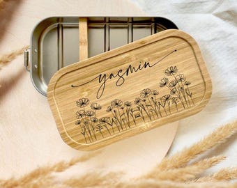 Personalisierte Brotdose Blumen schlicht, Edelstahl Lunchbox Bambusdeckel, Kinder Brotbox Schule Kindergarten, Einschulung Geschenk Snackbox