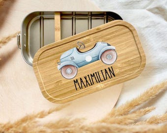 Personalisierte Brotdose Auto Name, Edelstahl Lunchbox Bambusdeckel, Kinder Brotbox Schule Kindergarten, Einschulung Geschenk, Snackbox