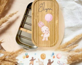 Personalisierte Brotdose süße Tiere, Edelstahl Lunchbox Holz, Kinder Brotbox Schule Kindergarten, Einschulung Geschenk Trinkflasche
