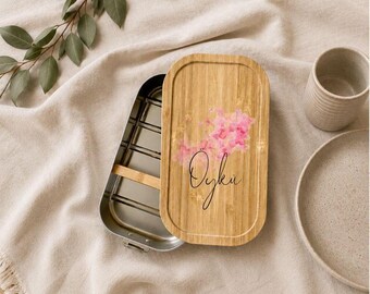 Personalisierte Brotdose Blumen Flowers, Edelstahl Lunchbox Bambusdeckel, Kinder Brotbox Schule Kindergarten, Einschulung Geschenk Snackbox