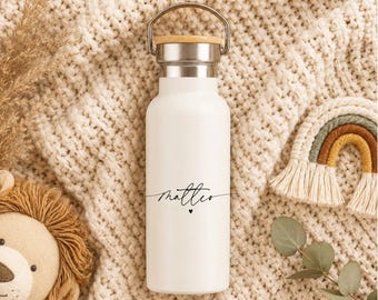Personalisierte Kinder Thermoflasche mit Bambusdeckel schlicht Herz Einschulung Geburtstag Geschenk Trinkflasche Kindergarten Edelstahl
