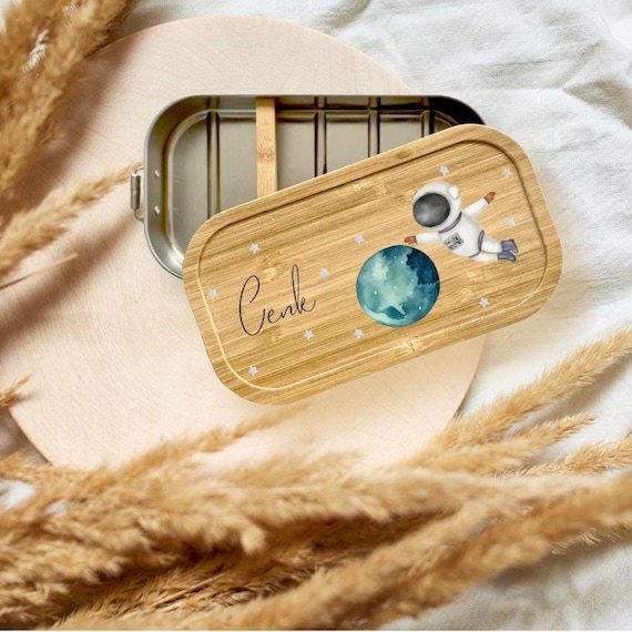 Personalisierte Brotdose Astronaut Name, Edelstahl Lunchbox Bambusdeckel, Kinder Brotbox Schule Kindergarten, Einschulung Geschenk, Snackbox