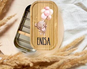 Personalisierte Brotdose Bär Ballon, Edelstahl Lunchbox Bambusdeckel, Kinder Brotbox Schule Kindergarten, Einschulung Geschenk Snackbox