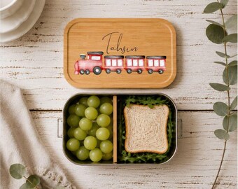 Personalisierte Brotdose Zug Bahn Name, Edelstahl Lunchbox Bambusdeckel, Kinder Brotbox Schule Kindergarten, Einschulung Geschenk, Snackbox