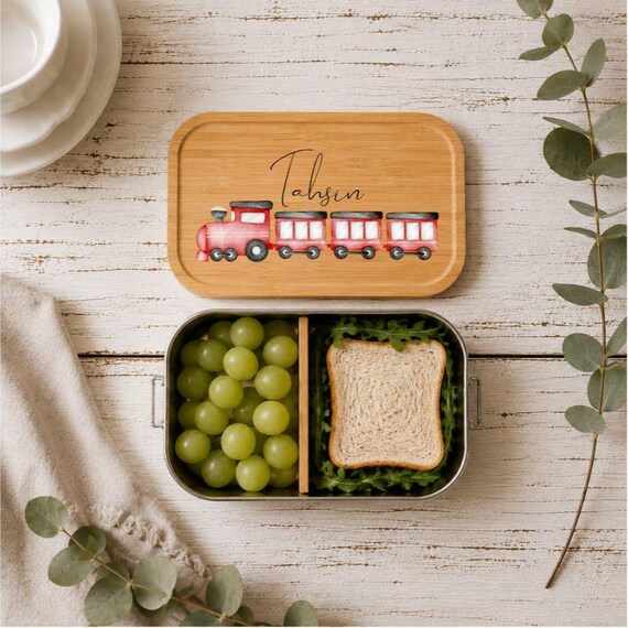Personalisierte Brotdose Zug Bahn Name, Edelstahl Lunchbox Bambusdeckel, Kinder Brotbox Schule Kindergarten, Einschulung Geschenk, Snackbox