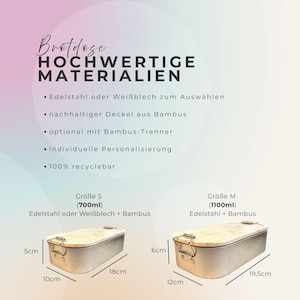 May include: Two rectangular lunch boxes with bamboo lids and metal clasps. The smaller box is 10 cm wide, 18 cm long, and 5 cm high. The larger box is 12 cm wide, 19.5 cm long, and 6 cm high. Text on the image describes the materials and features.