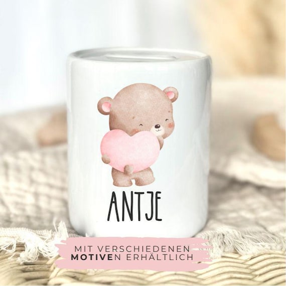 Personalisierte Kinder Spardose Mädchen aus Keramik Bärchen Herz Baby Sparbüchse Geschenk Geburt Geburtstag Geldgeschenk Namen Sparschwein