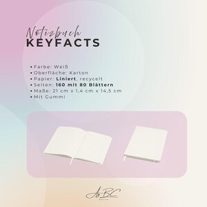 May include: A white notebook with a cardboard cover, 160 lined recycled pages, and an elastic band. The notebook measures 21 cm by 1.4 cm by 14.5 cm. The image displays one open notebook showing lined pages and one closed notebook with an elastic closure.
