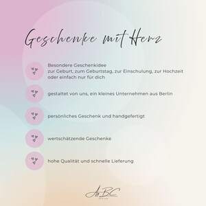 May include: A digital graphic with a soft pastel gradient background featuring the German text Geschenke mit Herz at the top. Below are five bullet points marked by small heart icons, followed by the text ABC Design at the bottom center.