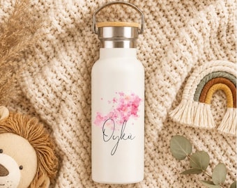 Personalisierte Kinder Thermoflasche mit Bambusdeckel  Blumen rosa Einschulung Geburtstag Geschenk Trinkflasche Kindergarten Edelstahl