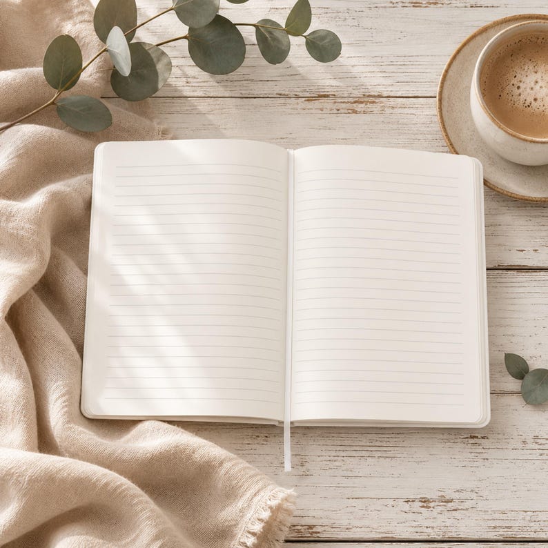 May include: An open notebook with cream-colored lined pages and a thin white ribbon bookmark. The notebook is positioned next to a beige fabric cloth, a sprig of green eucalyptus leaves, and a ceramic cup filled with coffee on a white wooden surface.