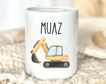 Personalized Ceramic Coin Bank with Excavator, Baby Boy Gift