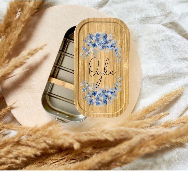 Personalisierte Brotdose Blumen Flowers, Edelstahl Lunchbox Bambusdeckel, Kinder Brotbox Schule Kindergarten, Einschulung Geschenk Snackbox image 1