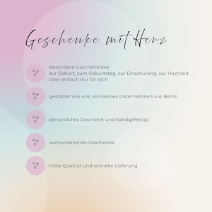 May include: A pastel-colored graphic with the text "Geschenke mit Herz" and bullet points listing gift ideas for various occasions. The image includes small heart icons and phrases in German, promoting personalized, high-quality gifts.