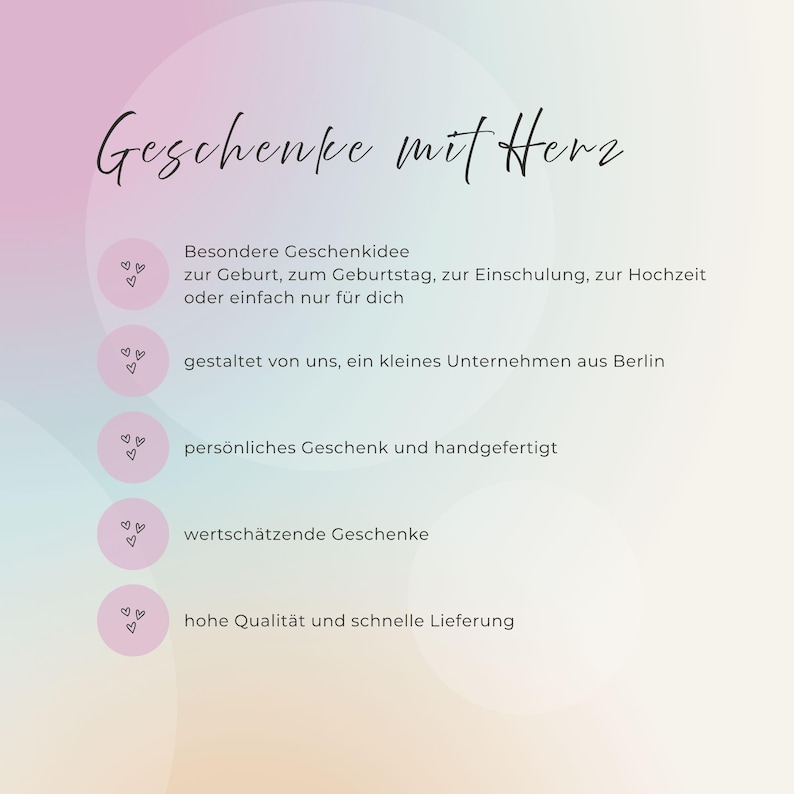 May include: A pastel-colored graphic with the text "Geschenke mit Herz" and bullet points listing gift ideas for various occasions. The image includes small heart icons and phrases in German, promoting personalized, high-quality gifts.