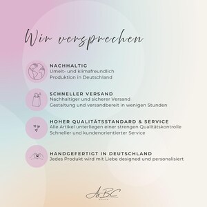 May include: A graphic with a pastel gradient background featuring the text Wir versprechen and four circular icons. The text lists sustainability, fast shipping, high quality standards, and handmade production in Germany, ending with the ABC Design logo.