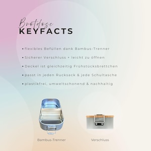 May include: A light blue lunch box with a bamboo divider and a secure closure. The lid doubles as a breakfast board. The text on the image says "Brotdose KEYFACTS" and lists features like being plastic-free and environmentally friendly.