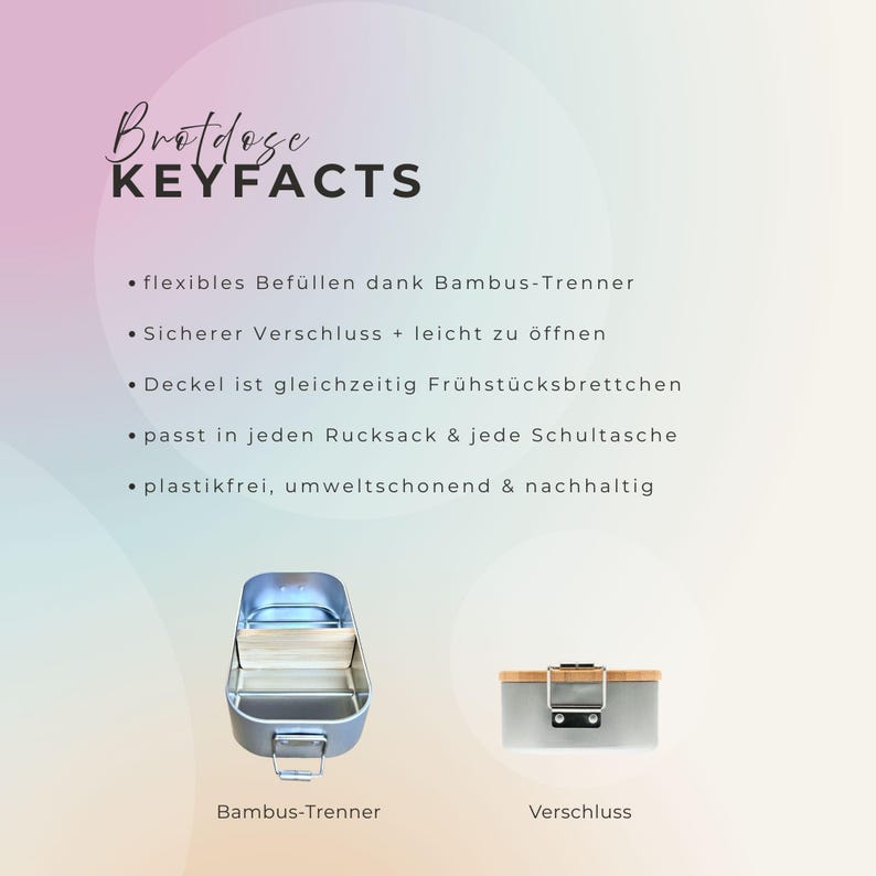 May include: A light blue lunch box with a bamboo divider and a secure closure. The lid doubles as a breakfast board. The text on the image says "Brotdose KEYFACTS" and lists features like being plastic-free and environmentally friendly.