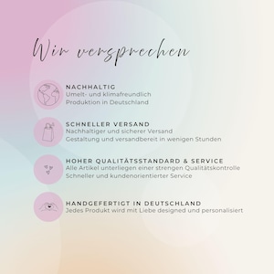 May include: A pastel-colored graphic with the text "Wir versprechen" and four circular icons. The icons represent sustainability, fast shipping, high quality, and handmade in Germany. Each icon has accompanying text in German.