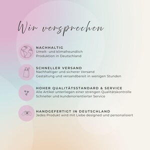 K&ouml;nnte beinhalten: Pastellfarbene Grafik mit dem Text "Wir versprechen" und vier kreisf&ouml;rmigen Symbolen. Die Symbole stehen f&uuml;r Nachhaltigkeit, schnellen Versand, hohe Qualit&auml;t und handgefertigt in Deutschland. Jedes Symbol hat einen deutschen Text.