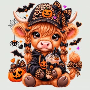 May include: A fluffy Highland cow illustration wearing a leopard print baseball cap with a pumpkin patch and a black bow. The cow wears a black hoodie with leopard print accents, holds a boba drink, and is surrounded by bats, spiders, and pumpkins.