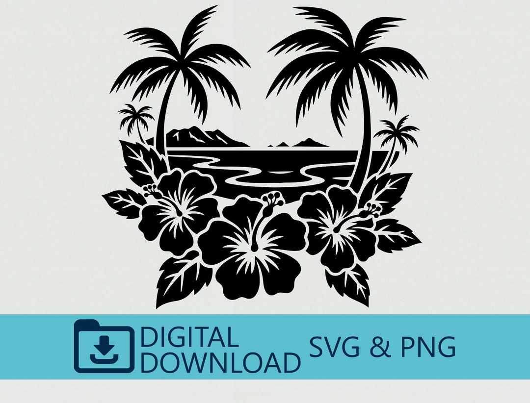 Beach Scene SVG Palm Trees Cut File Hibiscus Png Tropical Island Cricut ...