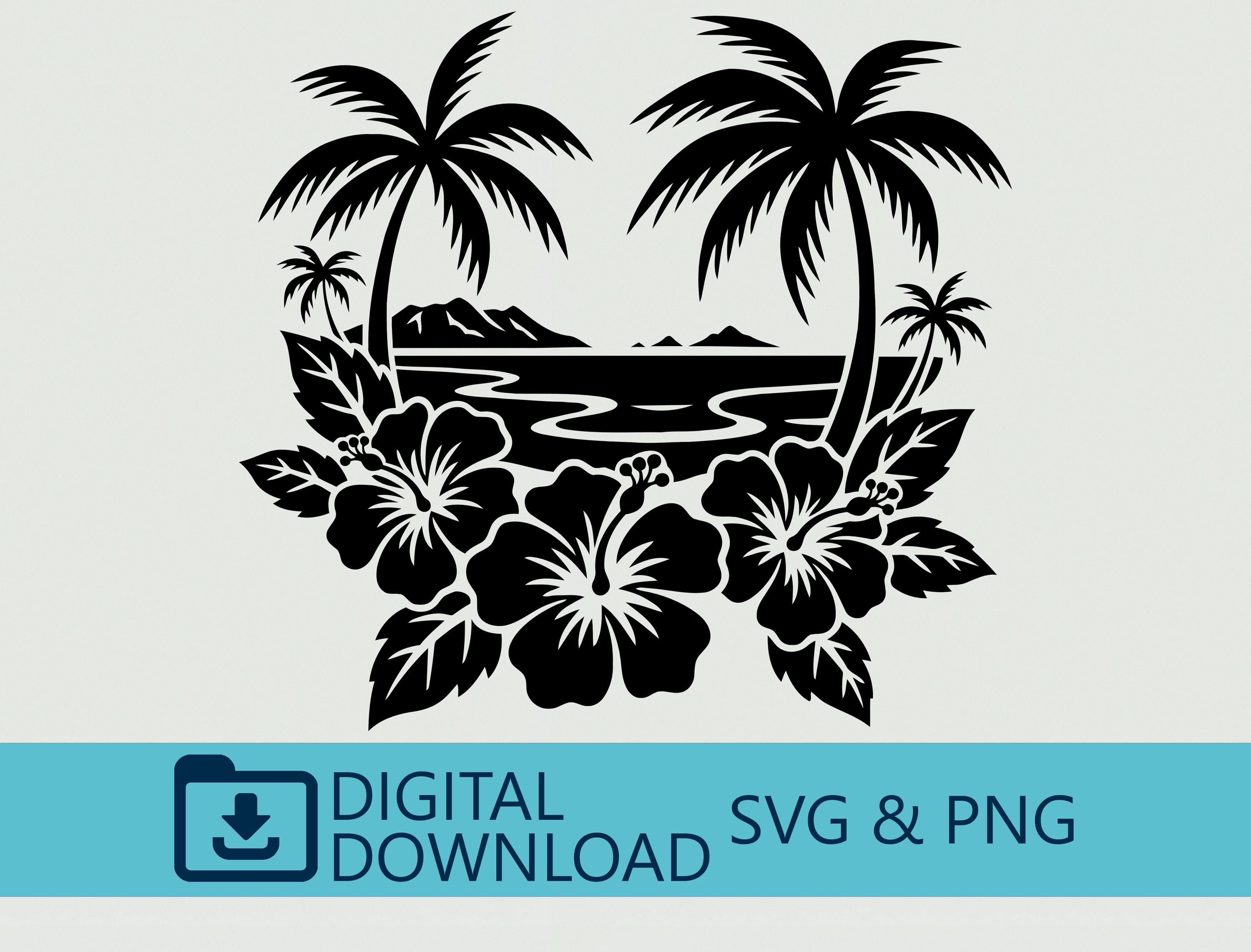 Beach Scene SVG Palm Trees Cut File Hibiscus Png Tropical Island Cricut ...