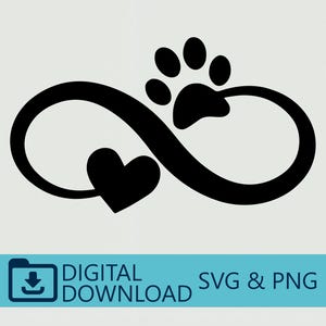 May include: A black graphic design featuring an infinity symbol integrated with a heart shape and a paw print. Below the graphic, a blue rectangular banner contains the text DIGITAL DOWNLOAD and SVG & PNG in black lettering.