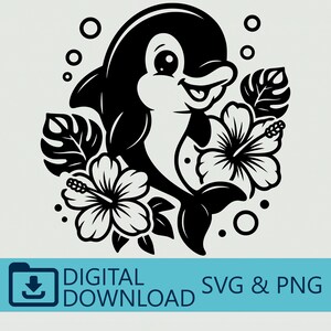 Söt delfin SVG tropiska blommor klippfil hibiskus png monstera blad Cricut design havsdjur silhuett clipart digital nedladdning