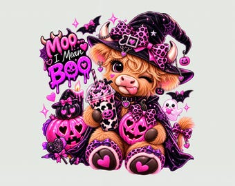 Pink Witch Highland Cow PNG Clipart Moo I Mean Boo Halloween Iced Coffee Pumpkin Sublimation Design Cute Spooky Shirt Print Graphic PNG