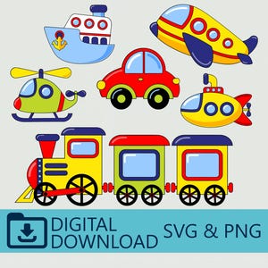 Kids Transport SVG & PNG Digital Download - Cute Car, Plane, Train Clipart, Cricut File, T-Shirt Design, Craft Cut, Printable, Kids Decor