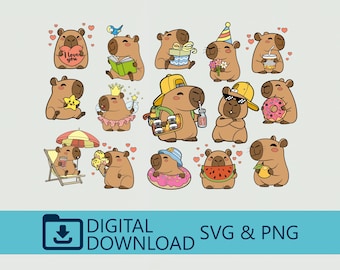 Summer Capybara Bundle SVG&PNG Digital Download, Funny Capybara Clipart Bundle, Set Kawaii Animal Illustration, Trendy Sublimation Image