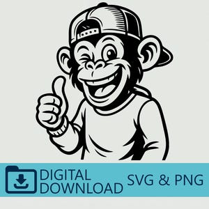 Pode incluir: Uma ilustração gráfica a preto e branco de um macaco a piscar o olho, com um boné de basebol e uma t-shirt, a fazer um gesto de polegar para cima. Abaixo da ilustração, uma faixa azul clara contém o texto DIGITAL DOWNLOAD SVG & PNG.